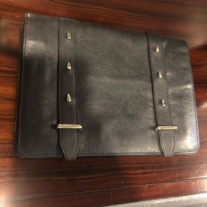 Black leather large clutch w/silver buckle detail